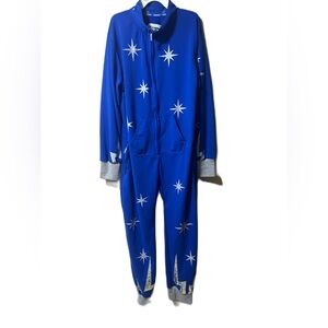 Tipsy Elves Mens One Piece Pockets Pajamas Size Medium Blue Silver Stars No Cape